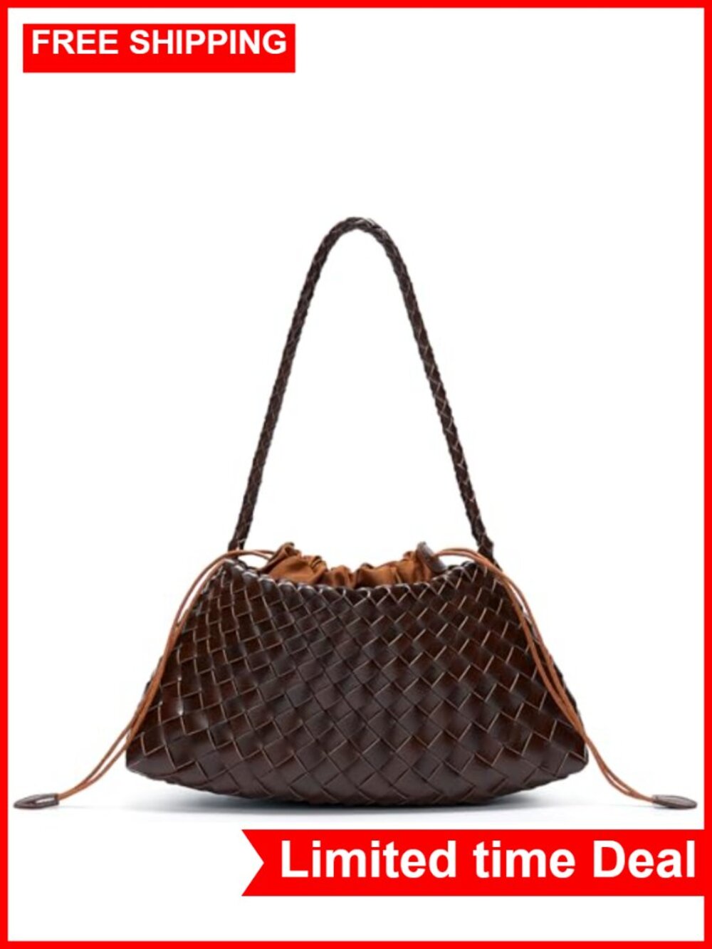 Vegan Leather Woven Hobo Shoulder Bag With Drawstring Clutch Purse